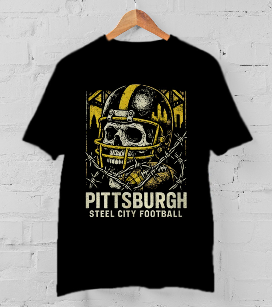 Pittsburgh Steel City Football Skull Helmet Barbed Wire Bridge Skyline T-Shirt