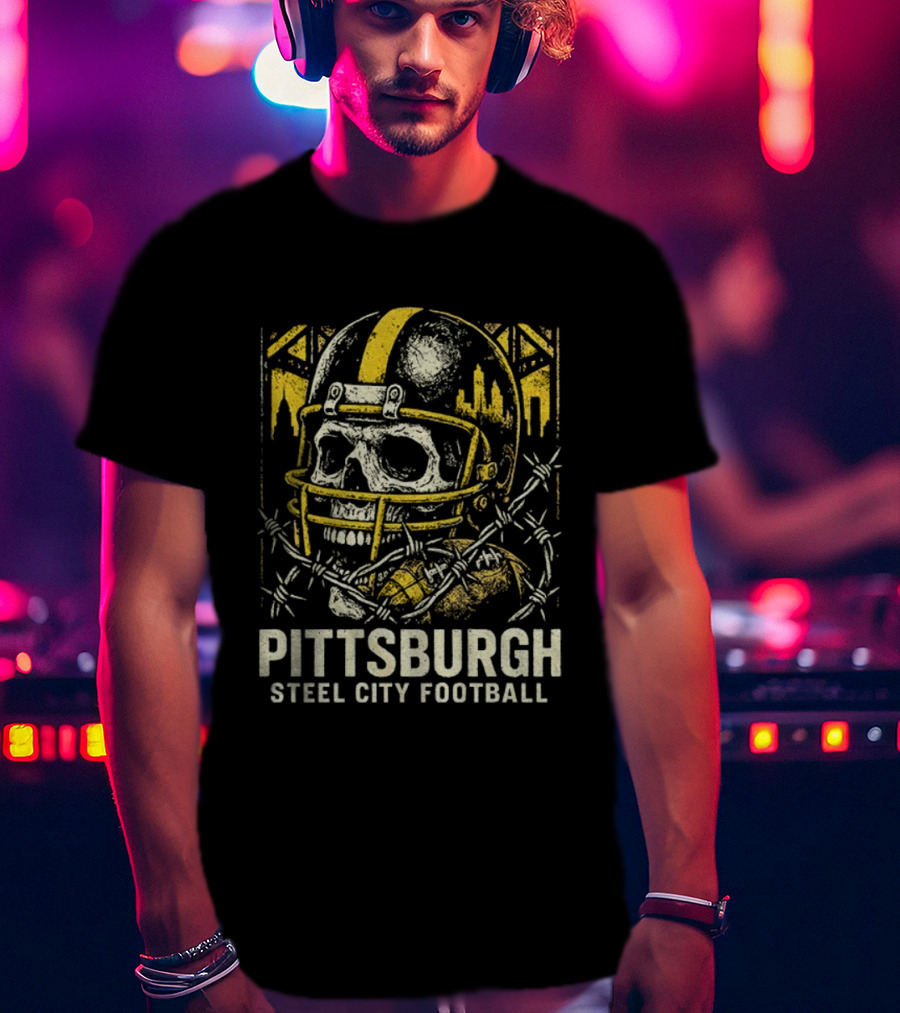 Pittsburgh Steel City Football Skull Helmet Barbed Wire Bridge Skyline T-Shirt