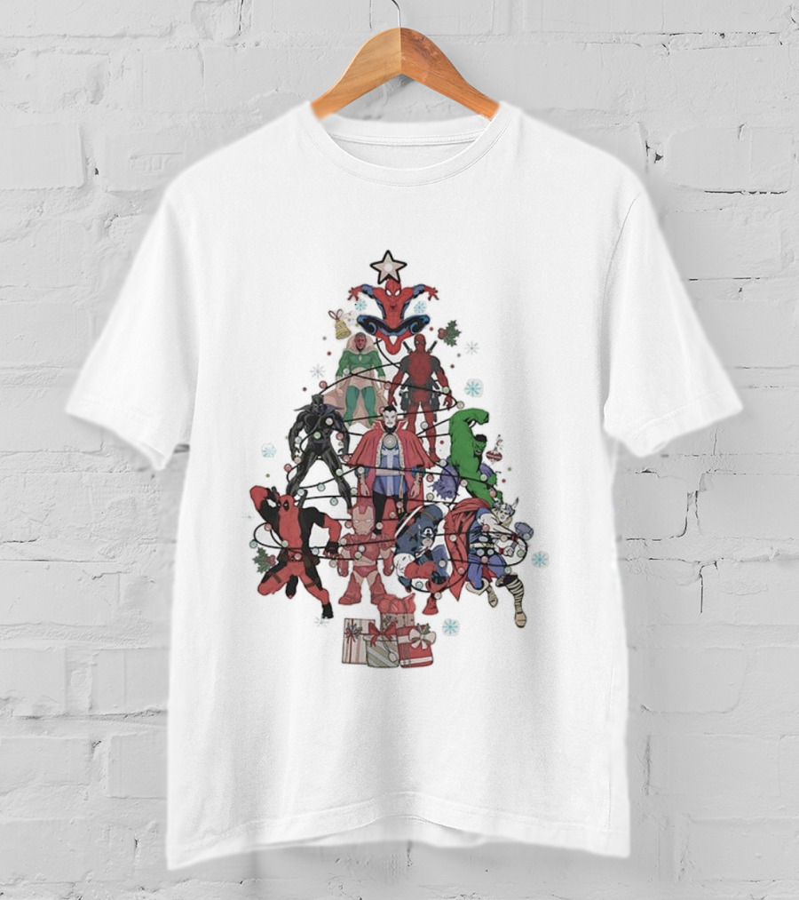 Marvel Superheroes Christmas Tree With Iconic Characters And Festive Star Topper T-Shirt