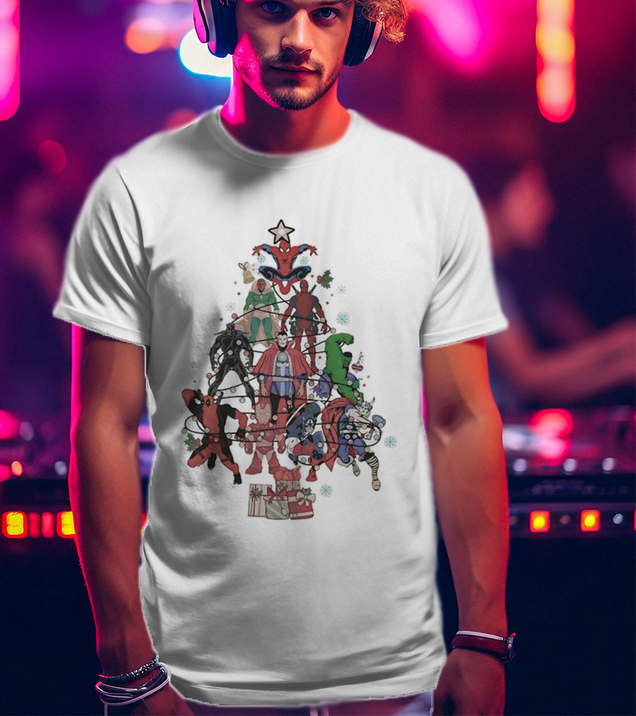 Marvel Superheroes Christmas Tree With Iconic Characters And Festive Star Topper T-Shirt
