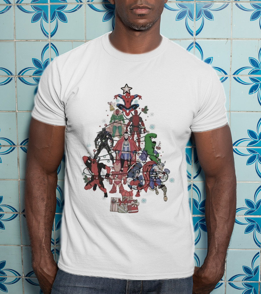 Marvel Superheroes Christmas Tree With Iconic Characters And Festive Star Topper T-Shirt