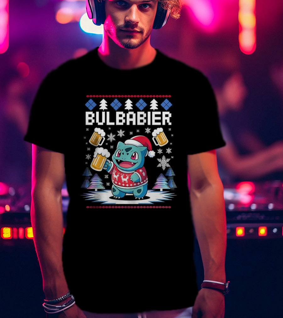 Bulbabier Christmas Sweater Bulbasaur With Santa Hat And Beer S T-Shirt