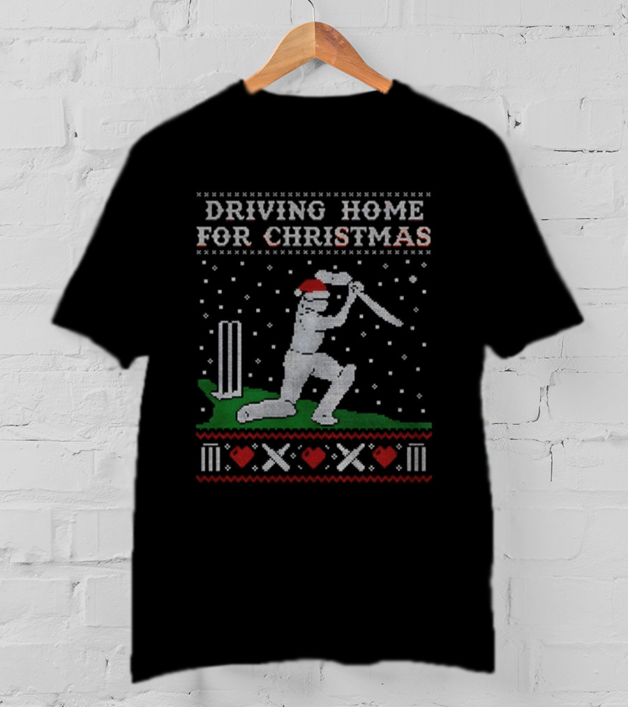 Driving Home For Christmas Cricket Player Santa Hat Snowflakes T-Shirt