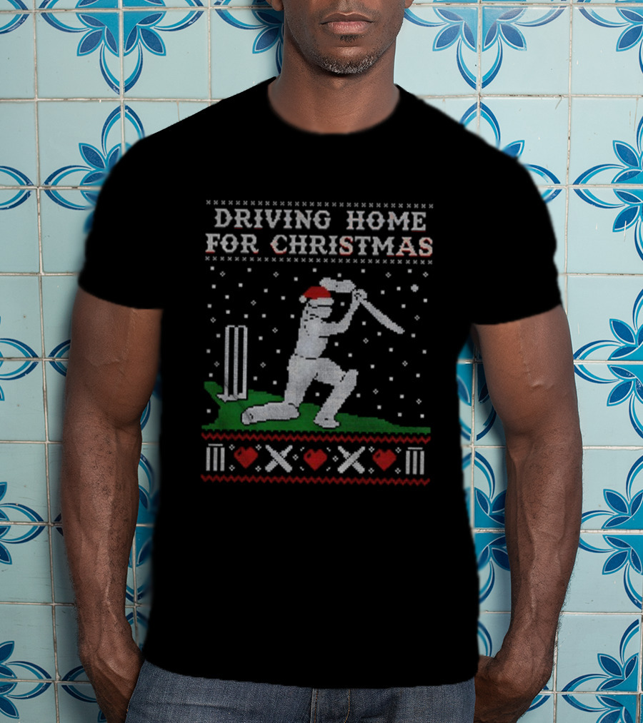 Driving Home For Christmas Cricket Player Santa Hat Snowflakes T-Shirt