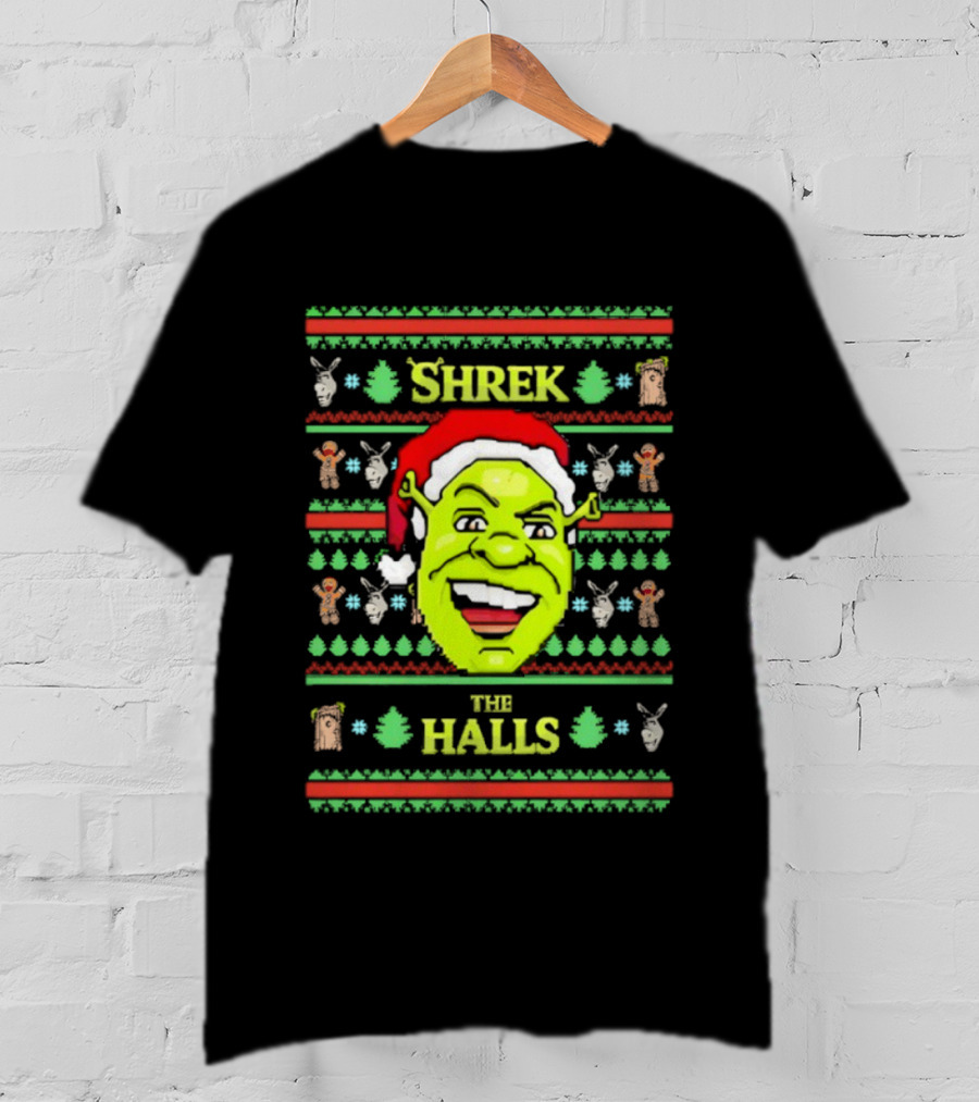 Shrek The Halls Christmas Ugly Sweater Design With Donkey And Santa Hat T-Shirt