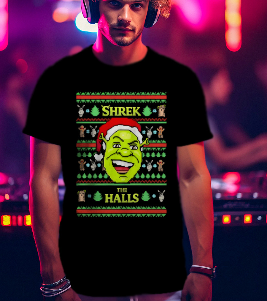 Shrek The Halls Christmas Ugly Sweater Design With Donkey And Santa Hat T-Shirt