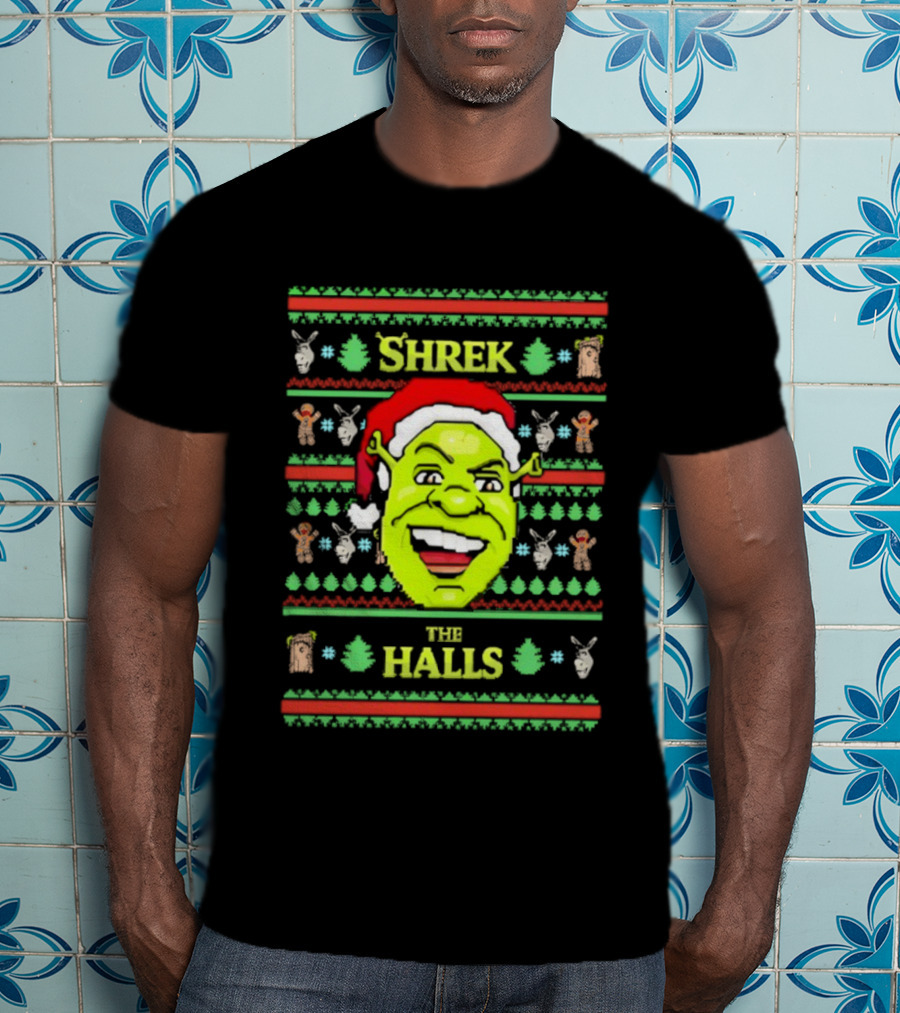 Shrek The Halls Christmas Ugly Sweater Design With Donkey And Santa Hat T-Shirt