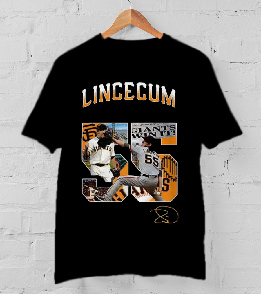 Lincecum Giants Number 55 Giants Win Orange Black Signature T-Shirt