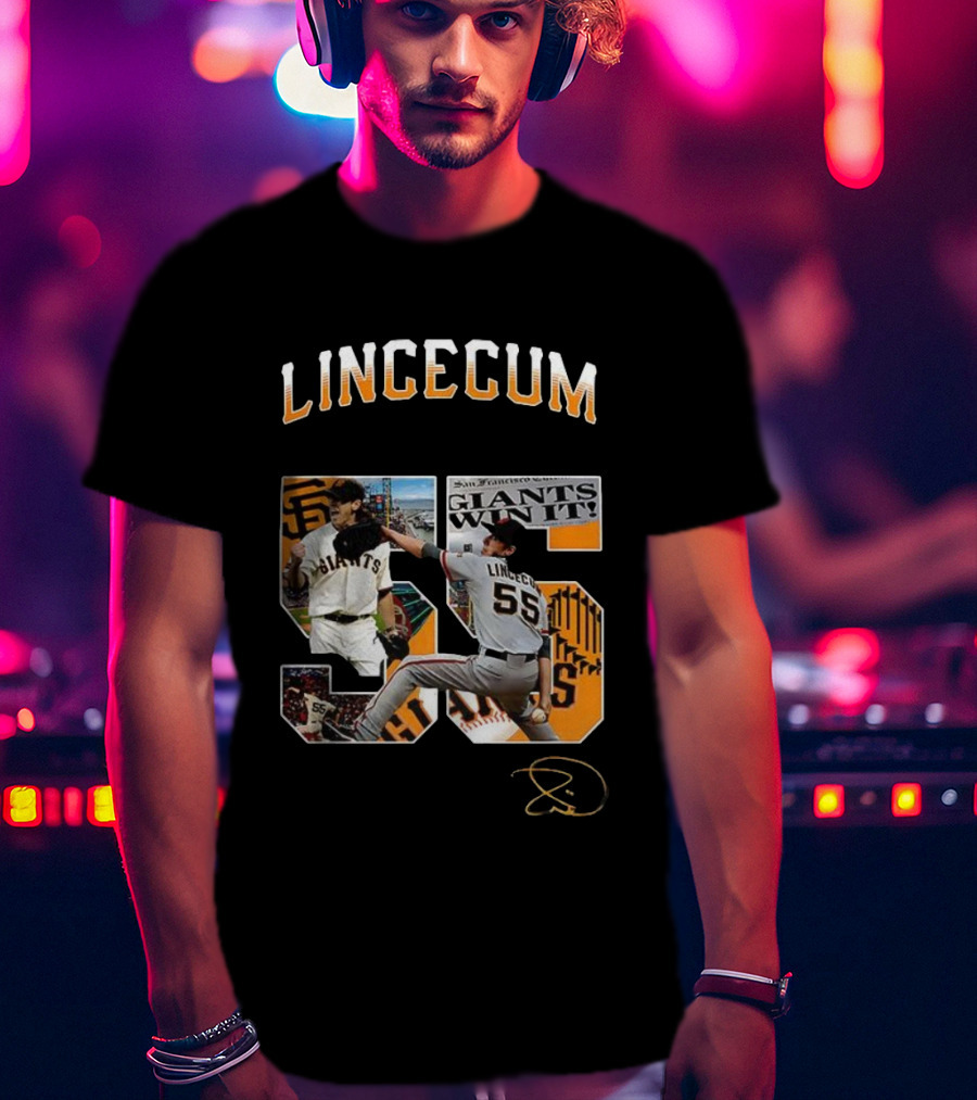 Lincecum Giants Number 55 Giants Win Orange Black Signature T-Shirt