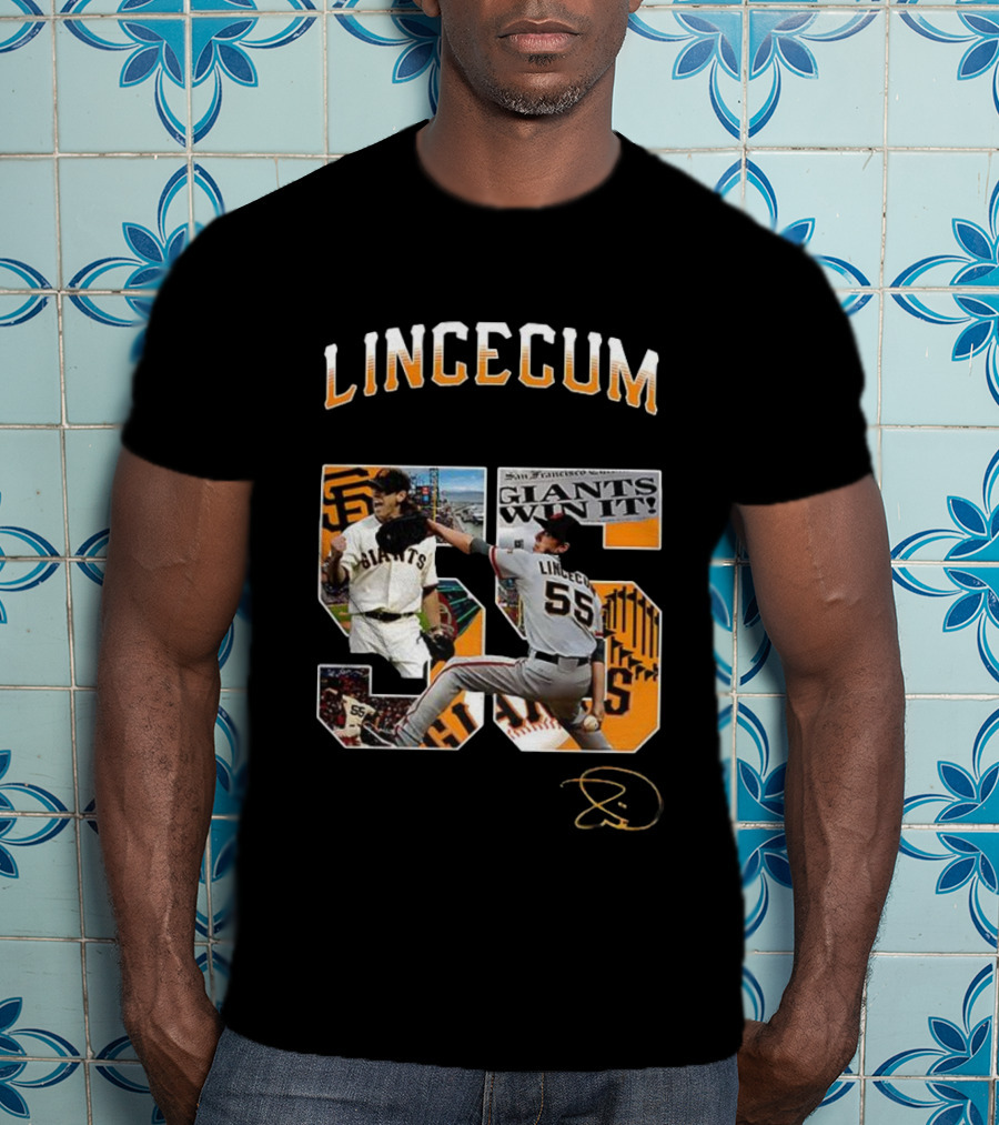 Lincecum Giants Number 55 Giants Win Orange Black Signature T-Shirt
