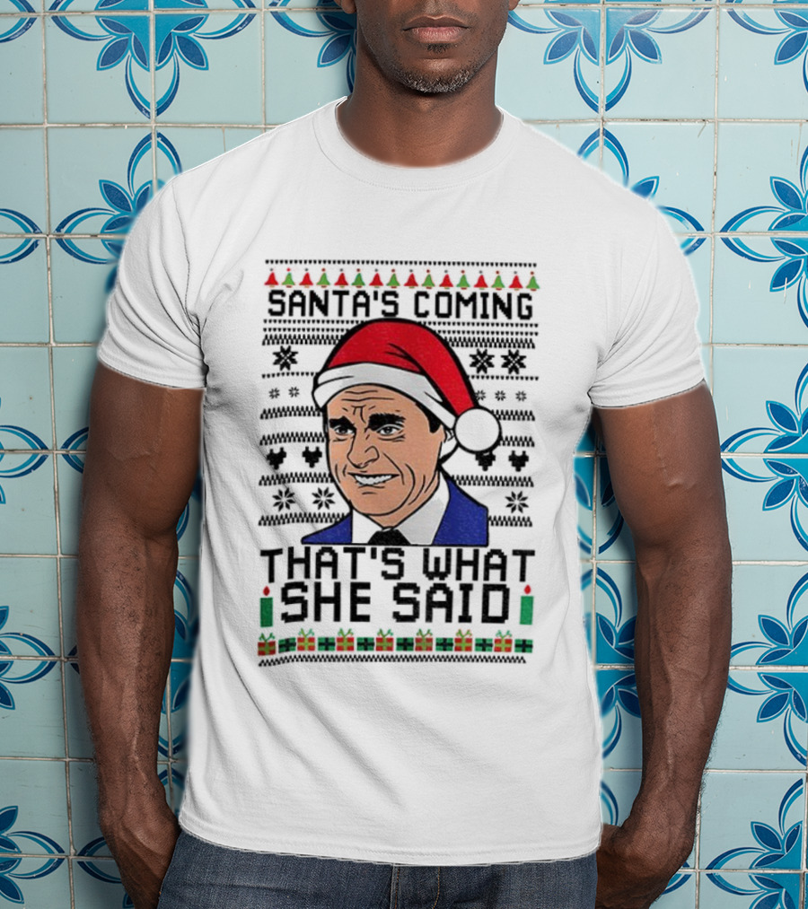 Michael Scott Santa Hat That's What She Said Christmas Sweater Style T-Shirt