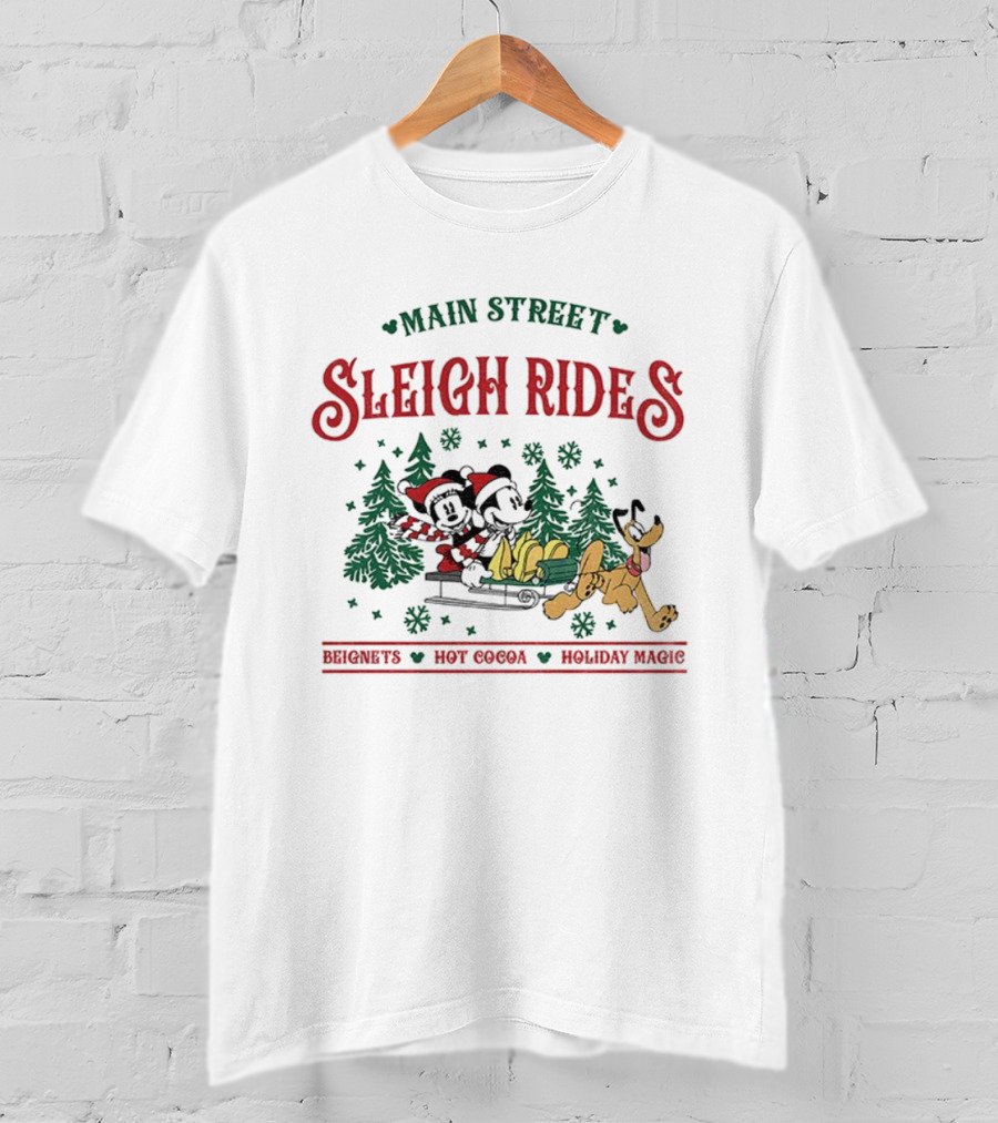 Main Street Sleigh Rides Beignets Hot Cocoa Holiday Magic Disney Christmas Mickey Minnie Pluto T-Shirt
