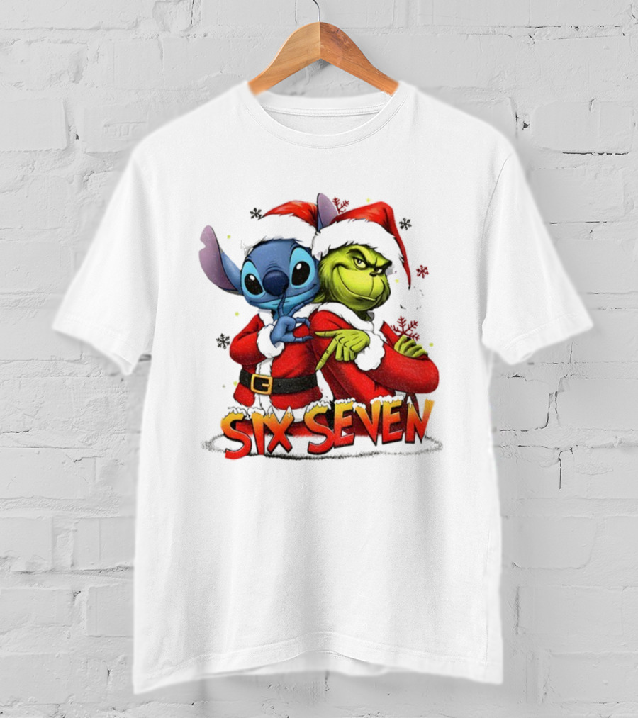 Stitch Grinch Santa Hat Six Seven Christmas Meme T-Shirt