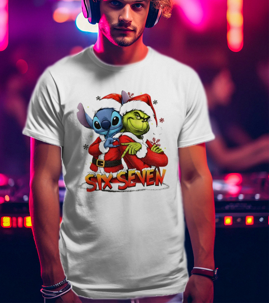 Stitch Grinch Santa Hat Six Seven Christmas Meme T-Shirt