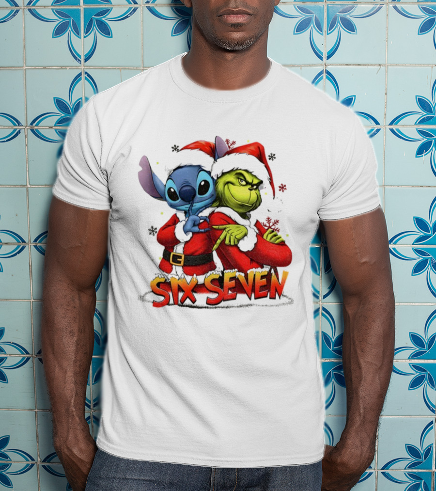 Stitch Grinch Santa Hat Six Seven Christmas Meme T-Shirt