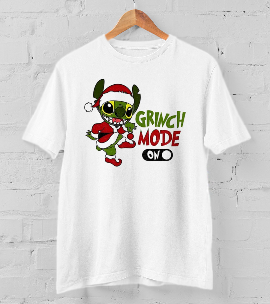 Stitch Grinch Santa Grinch Mode Merry Christmas Turn On T-Shirt