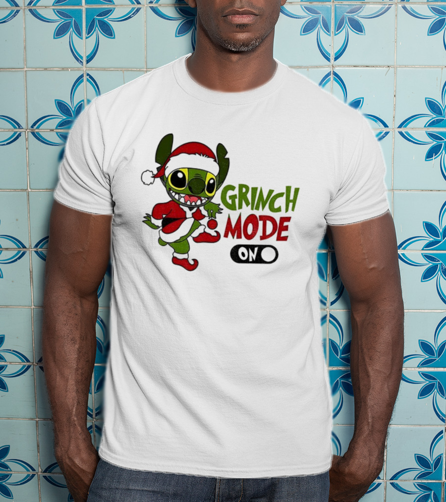 Stitch Grinch Santa Grinch Mode Merry Christmas Turn On T-Shirt