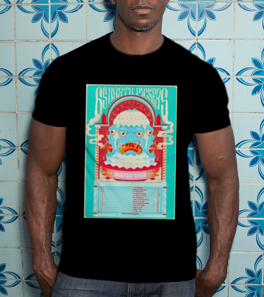 65 North Pickers 2025 2026 Winter Tour Vibrant Monster Face Artwork And Dates T-Shirt