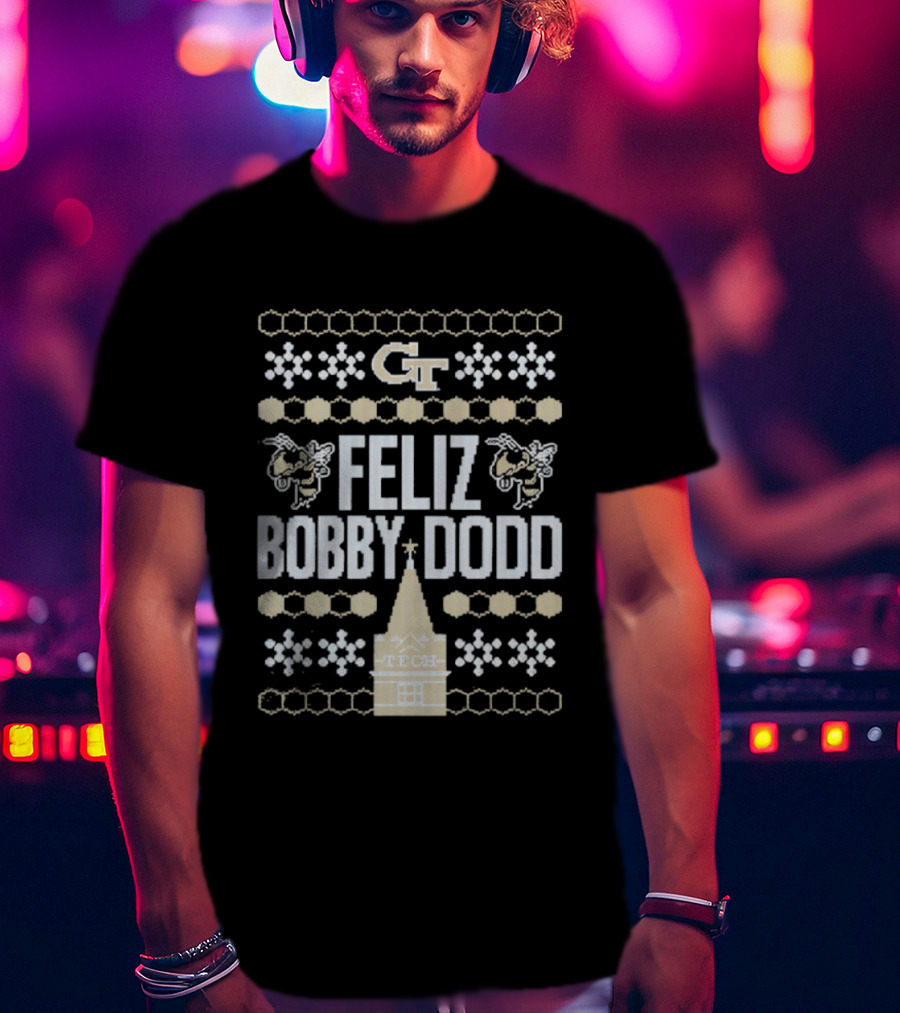 Georgia Tech GT Feliz Bobby Dodd Christmas Ornament Tech Snowflakes T-Shirt