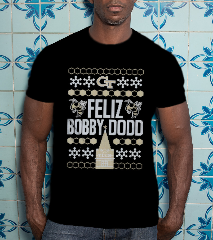 Georgia Tech GT Feliz Bobby Dodd Christmas Ornament Tech Snowflakes T-Shirt