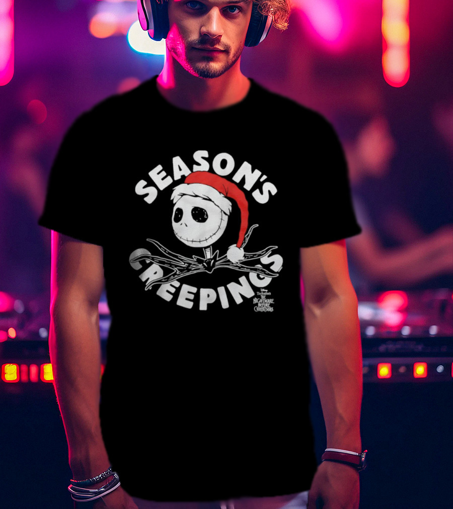 Season's Creepings Jack Skellington Santa Hat Christmas T-Shirt