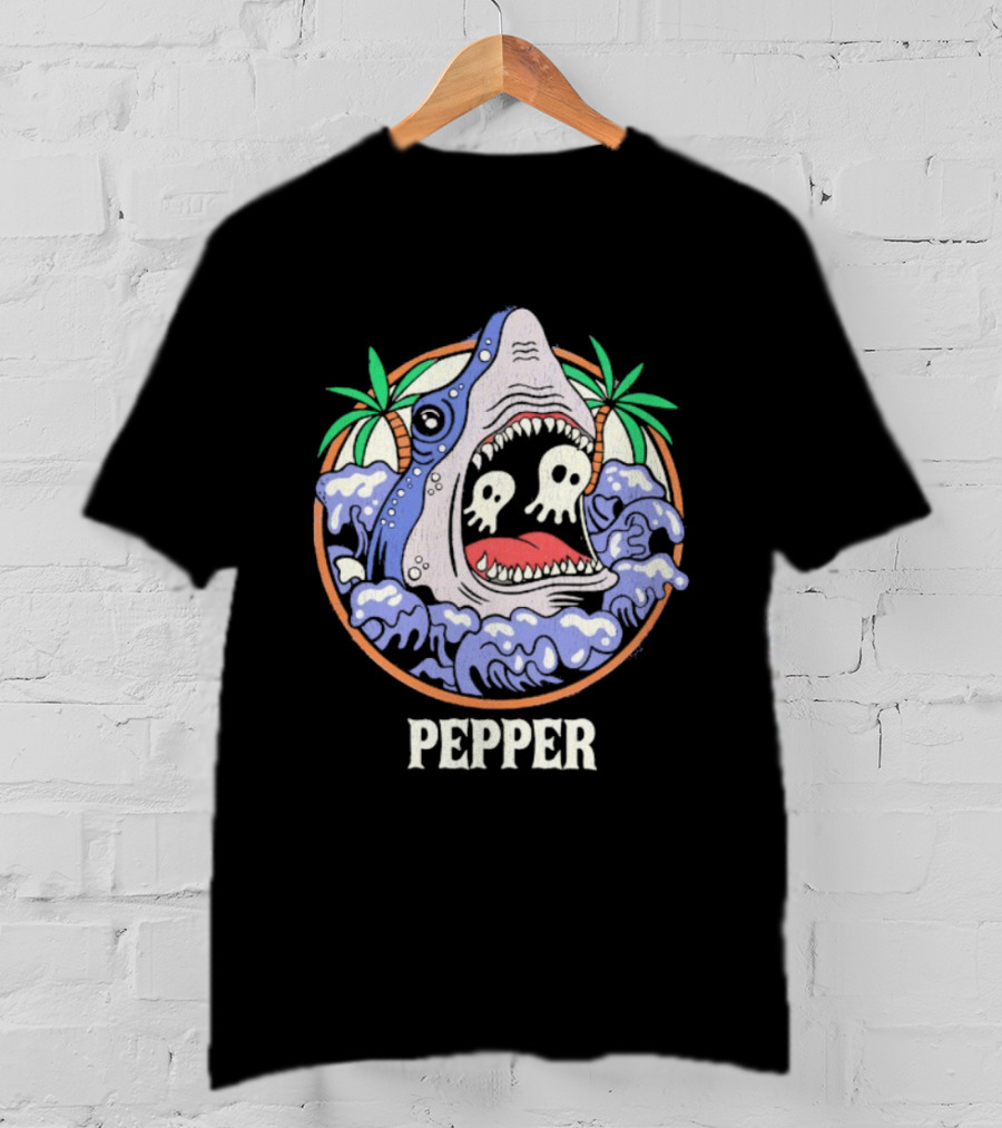 Skull-Waving Shark Attack Pepper Ocean Adventure T-Shirt
