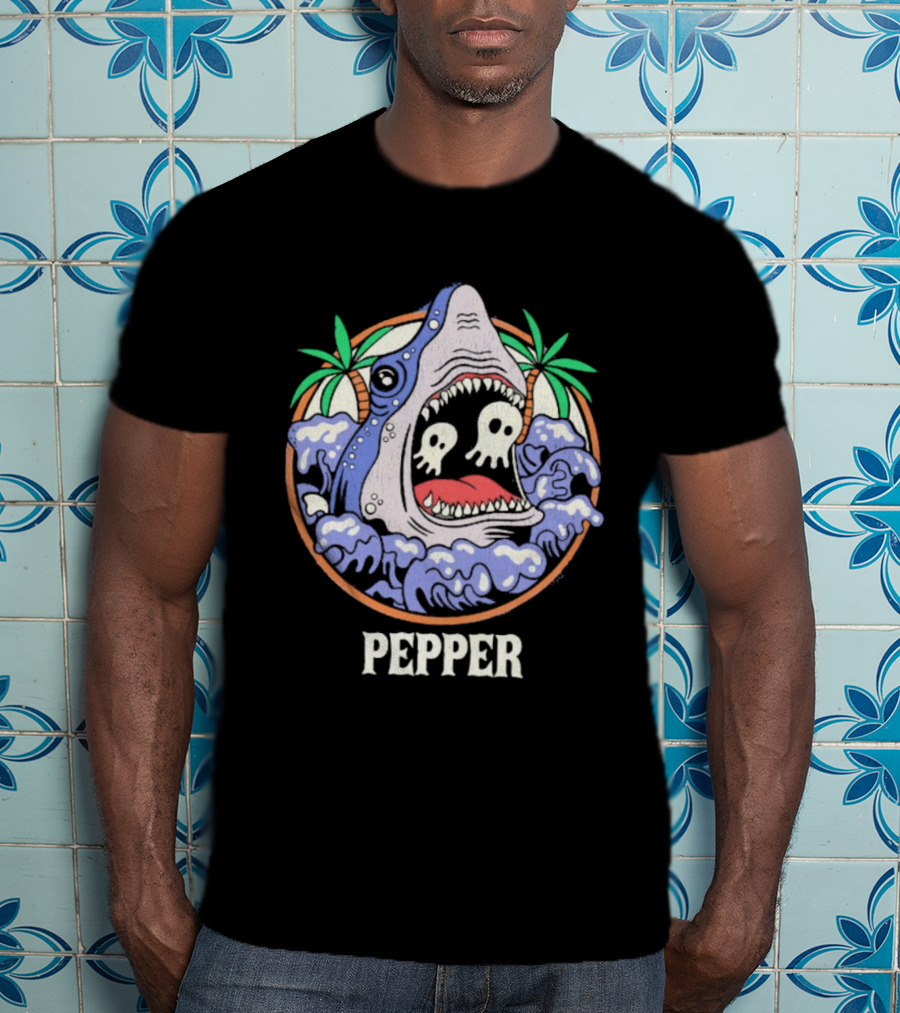 Skull-Waving Shark Attack Pepper Ocean Adventure T-Shirt