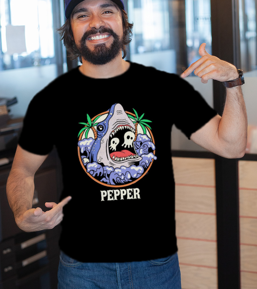 Skull-Waving Shark Attack Pepper Ocean Adventure T-Shirt
