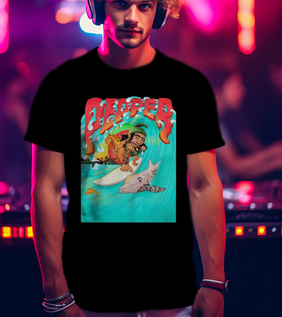 Pepper Surfer Riding Waves With Tattooed Dolphin T-Shirt