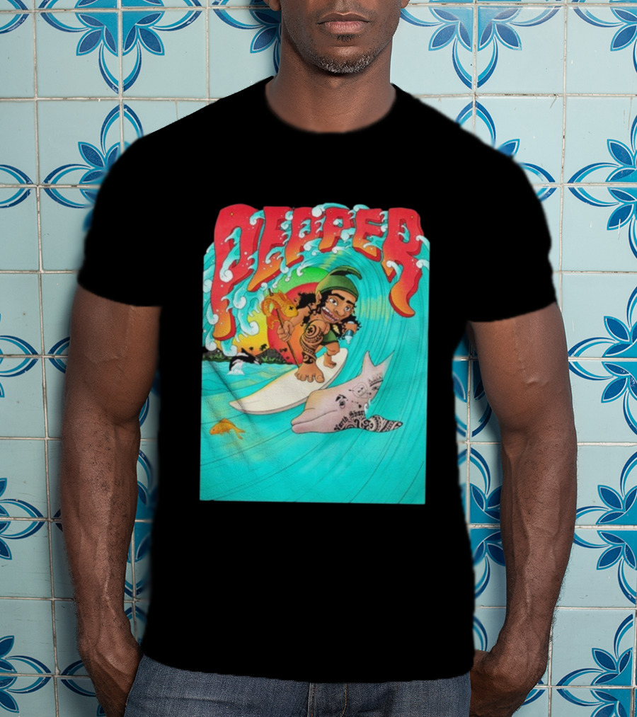 Pepper Surfer Riding Waves With Tattooed Dolphin T-Shirt