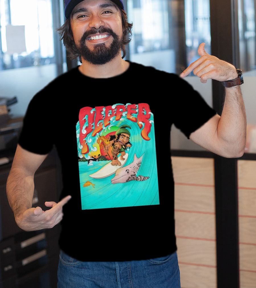Pepper Surfer Riding Waves With Tattooed Dolphin T-Shirt
