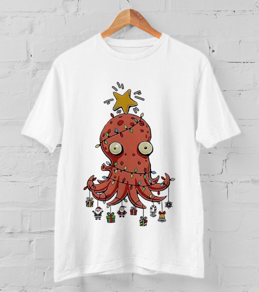 Christmas Octopus Tree Wrapped In Light Cords With Star And Decorations T-Shirt