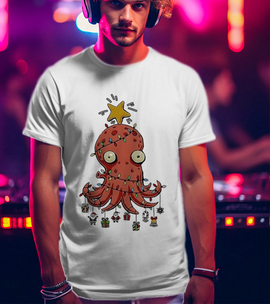 Christmas Octopus Tree Wrapped In Light Cords With Star And Decorations T-Shirt