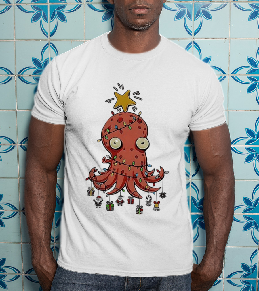 Christmas Octopus Tree Wrapped In Light Cords With Star And Decorations T-Shirt