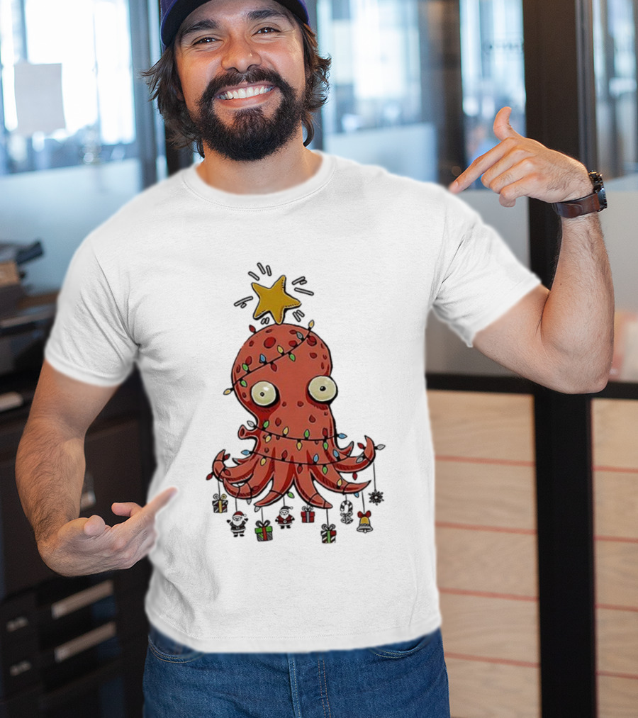 Christmas Octopus Tree Wrapped In Light Cords With Star And Decorations T-Shirt