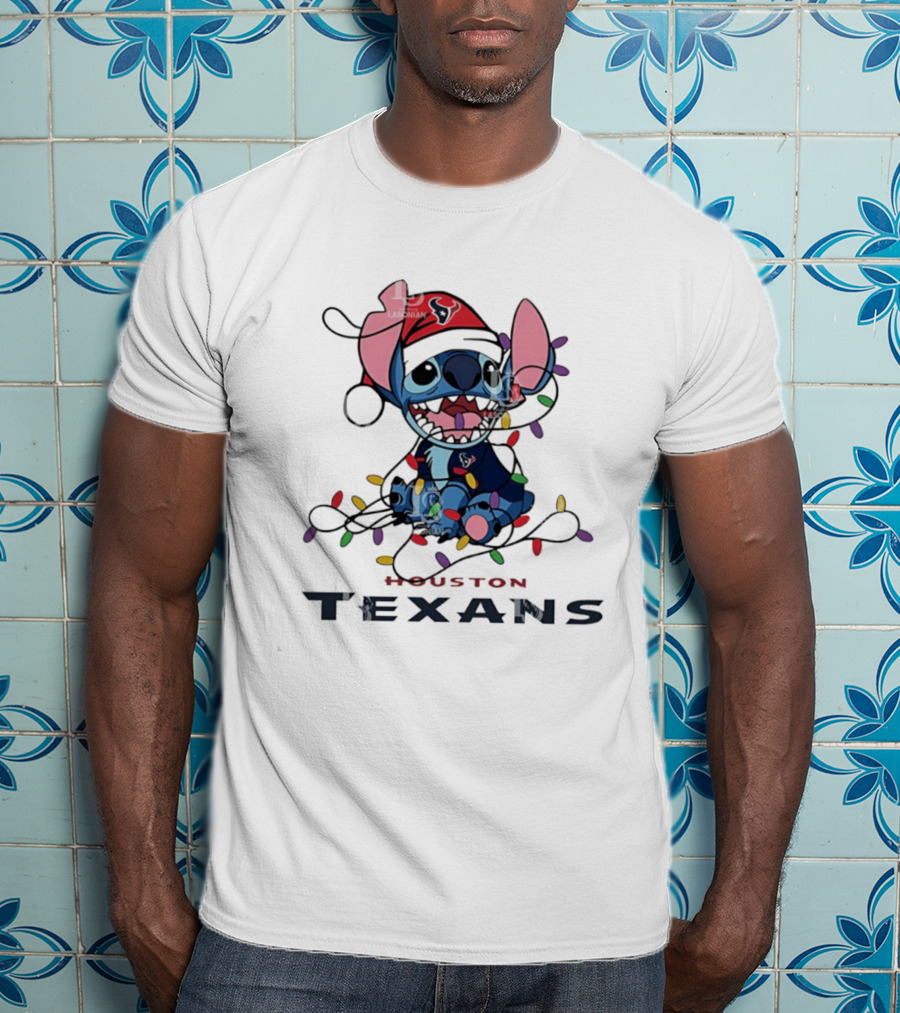 Houston Texans Stitch Christmas Lights Ornament Anime Fan Art T-Shirt