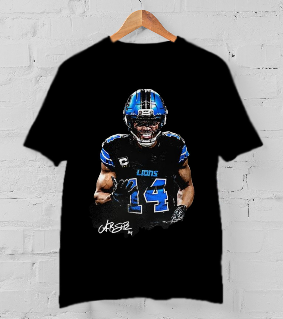 Amon-Ra St. Brown Lions Number 14 Signature Detroit Football T-Shirt