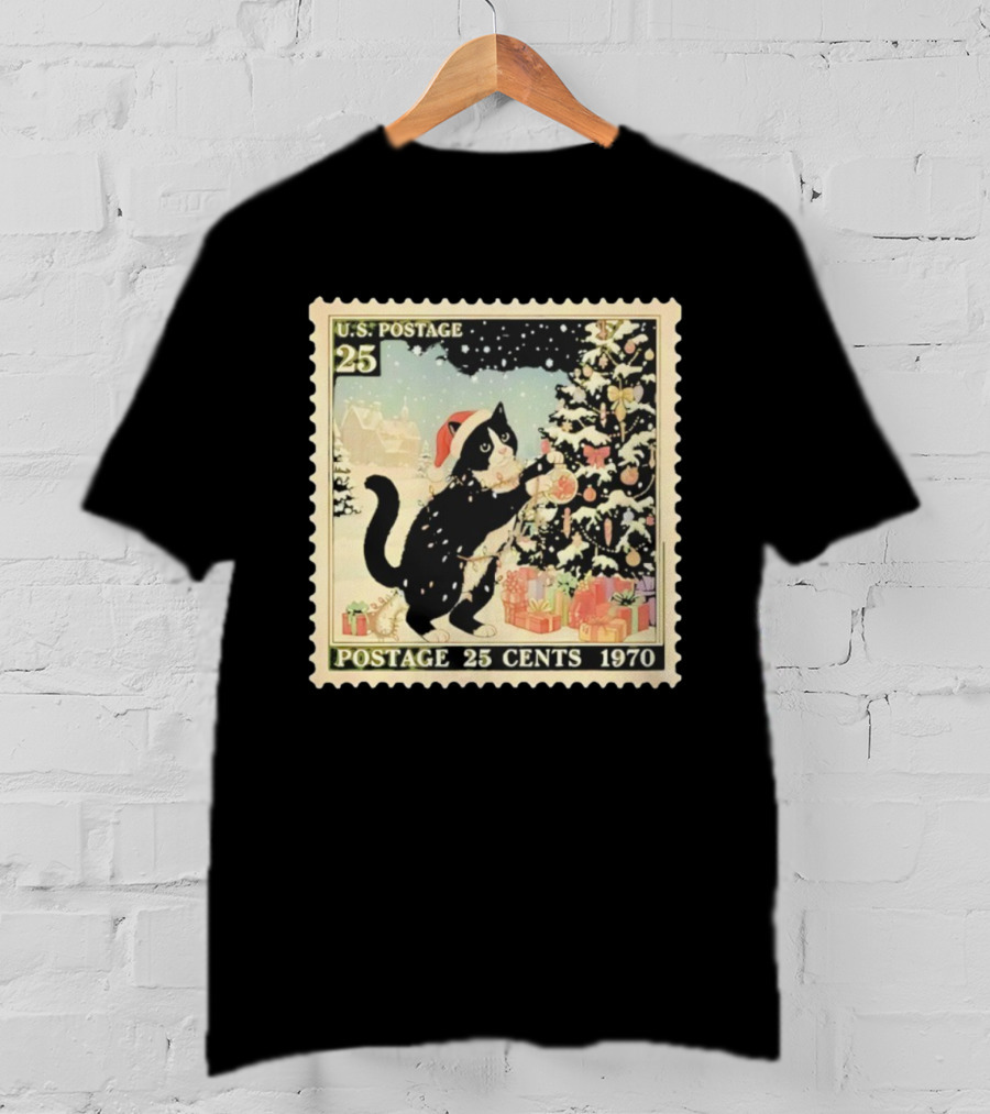 Cat Santa Hat U.S. Postage 25 Cents 1970 Christmas Tree T-Shirt