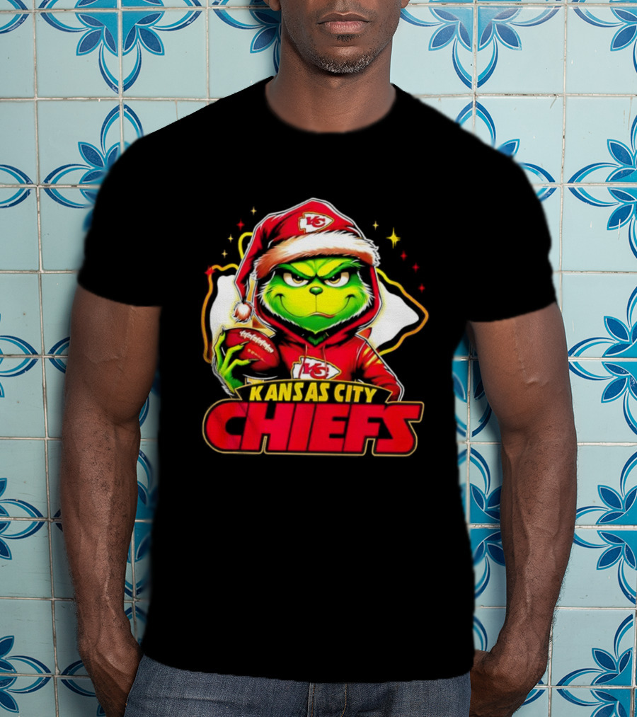 Grinch In Santa Hat Holding Football Kansas City Chiefs T-Shirt