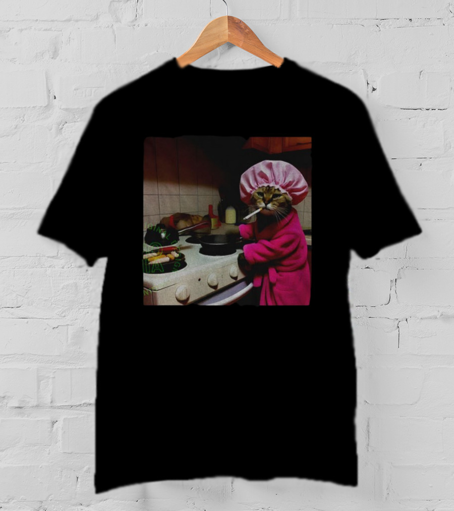 Housewife Cat Smoking Cooking Meme In Pink Bathrobe And Shower Cap T-Shirt