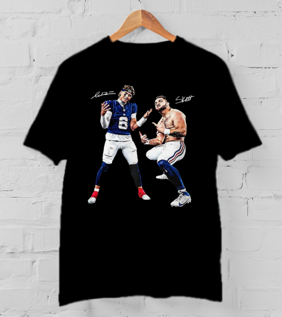 Jaxson Dart Cam Skattebo New York Giants Aura Signature Football T-Shirt