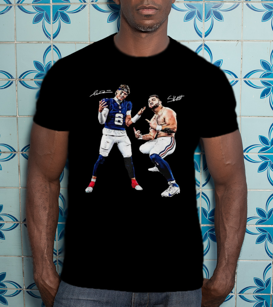 Jaxson Dart Cam Skattebo New York Giants Aura Signature Football T-Shirt