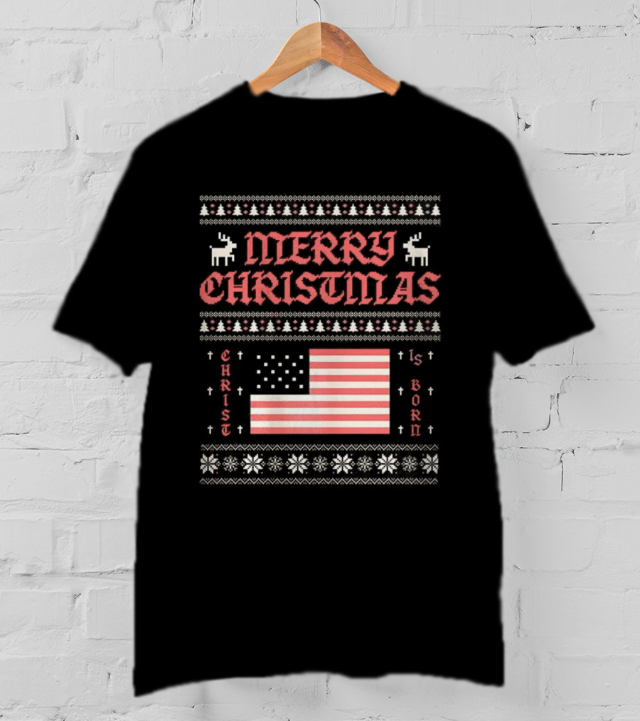 Merry Christmas 2025 Christ Is Born Ugly Pixel American Flag T-Shirt