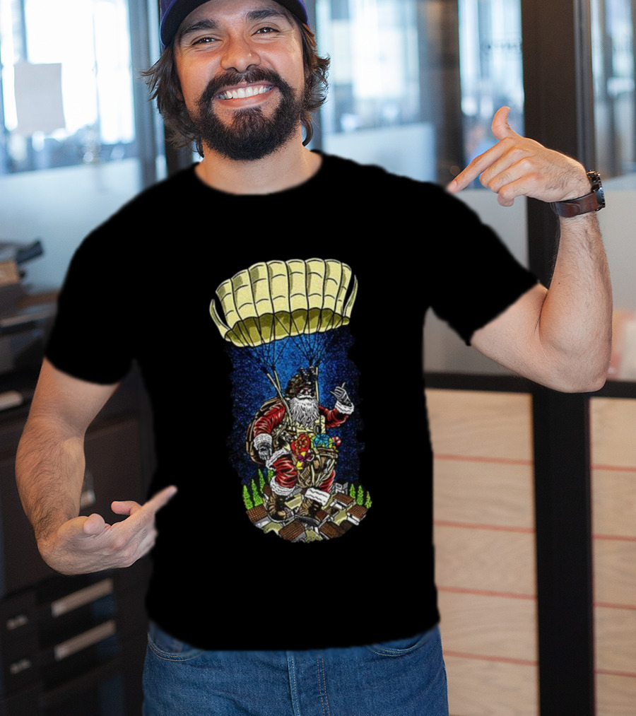 Paratrooper Santa Bringing Christmas Cheer By Air T-Shirt