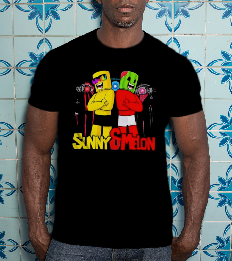 Sunny And Melon The Duo Colorful Block Characters With Shades And Caps T-Shirt