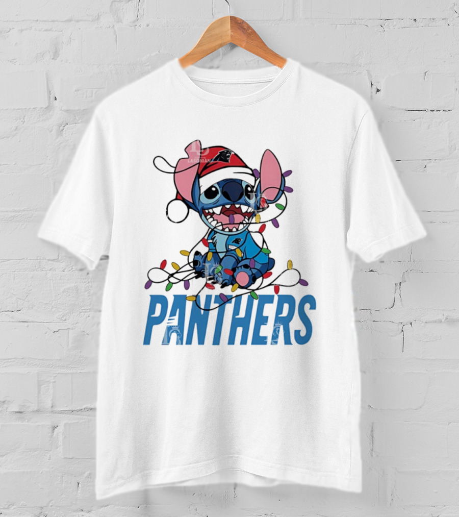 Carolina Panthers Stitch Christmas Lights Ornament T-Shirt