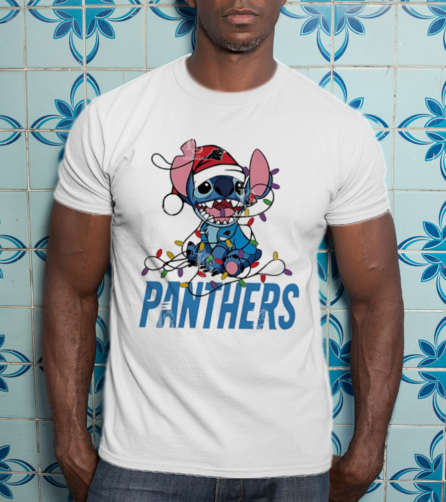 Carolina Panthers Stitch Christmas Lights Ornament T-Shirt
