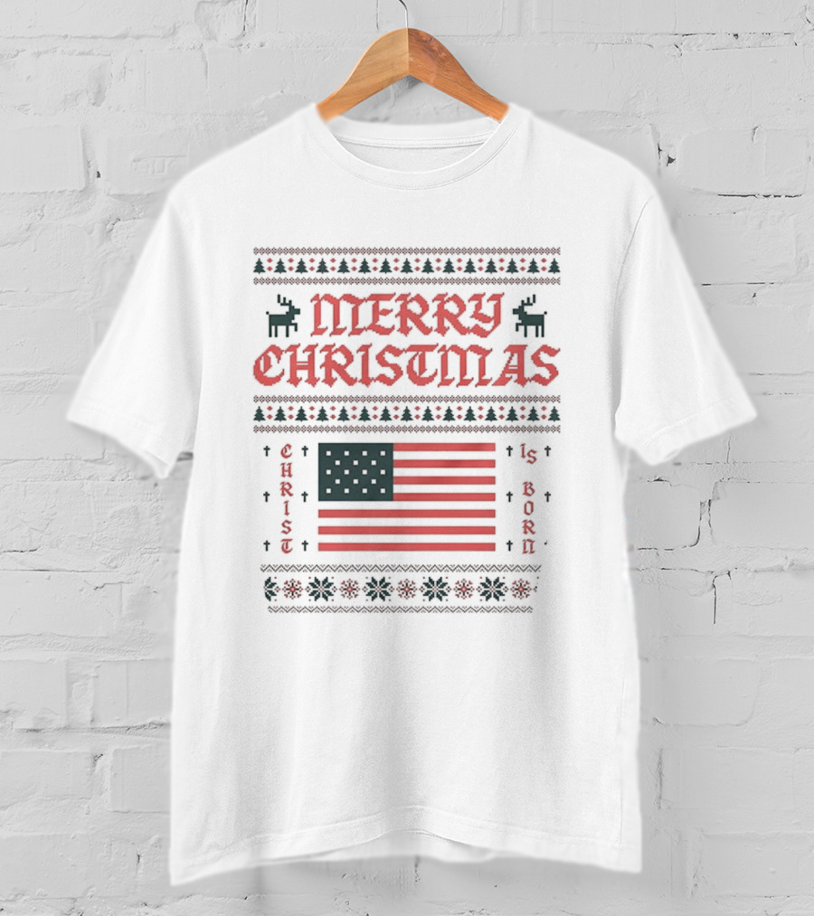 Merry Christmas 2025 American Flag Ugly Christmas Pixel Reindeer Stars Stripes T-Shirt