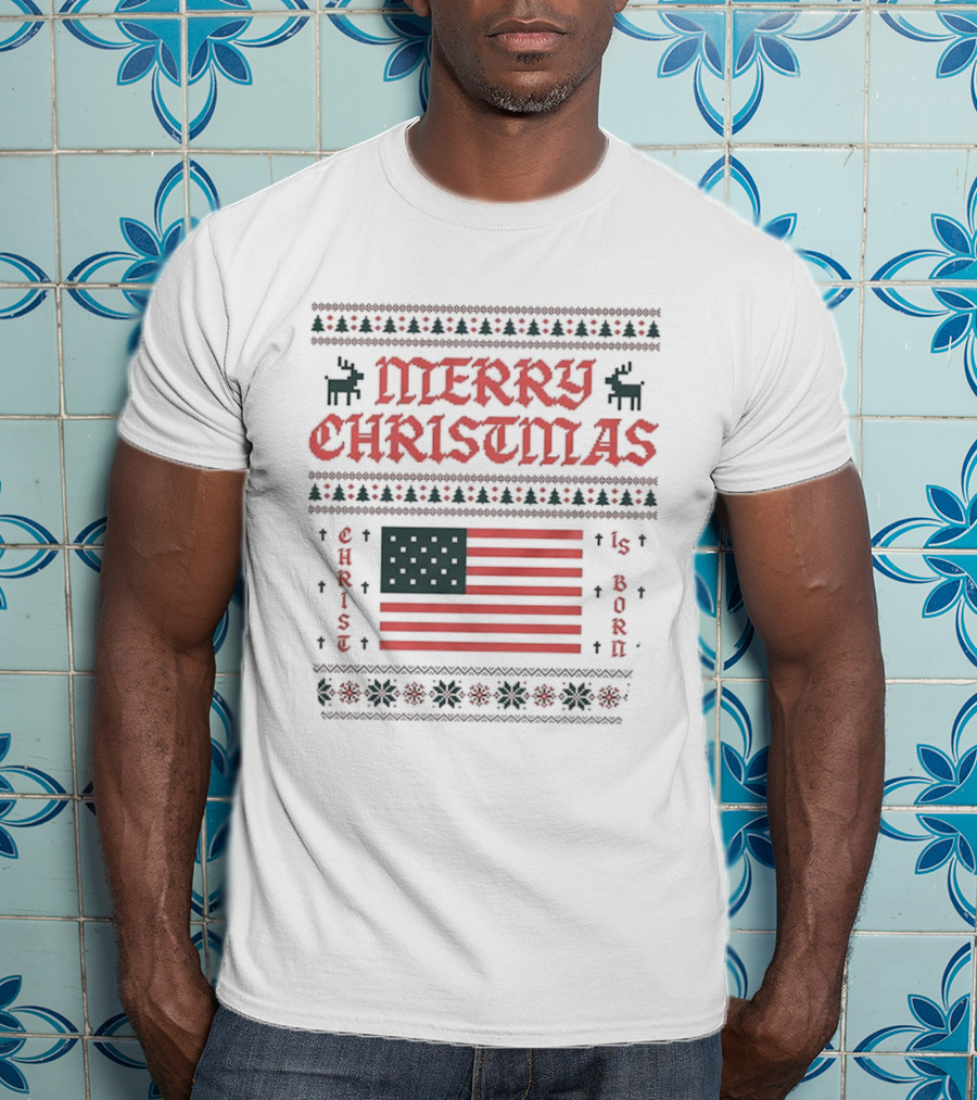 Merry Christmas 2025 American Flag Ugly Christmas Pixel Reindeer Stars Stripes T-Shirt