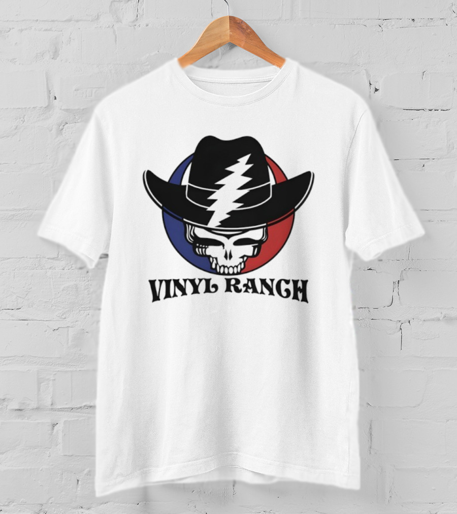 Vinyl Ranch Steal Your Face Skull Cowboy Hat Lightning Circle T-Shirt